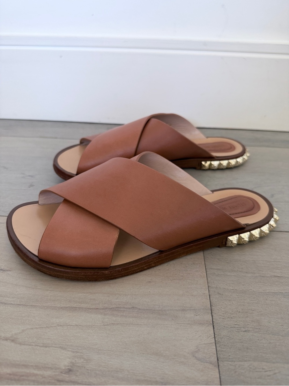 Stuart Weitzman Brown Leather Crisscross Slide Sandals with Gold Stud Heel